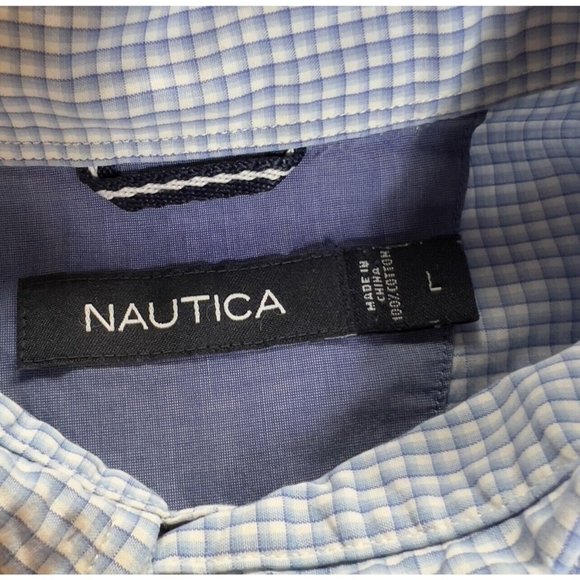 Nautica Men’s Button Up Blue White Checkered Short Sleeve Shirt -Size Large - Picture 2 of 6